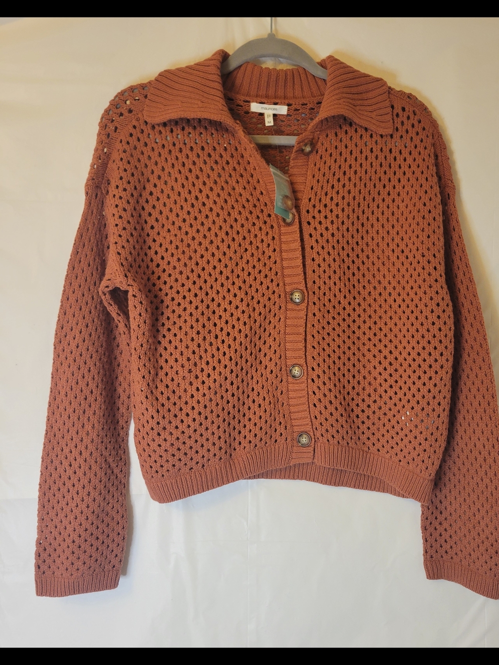 Maurices Open-Knit Button Cardigan in Rust Orange